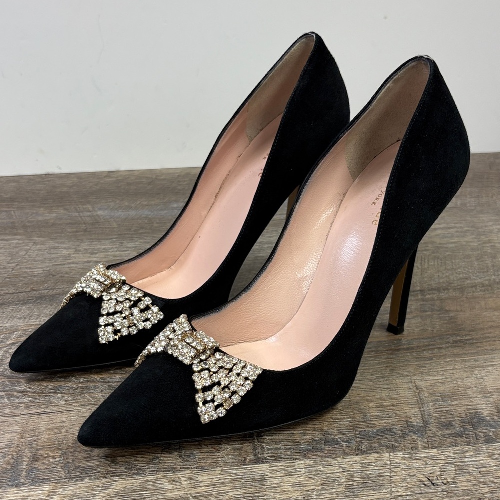 🖤 Kate Spade New York Black Suede Crystal Bow Pumps – Size 9B (Made in Italy)